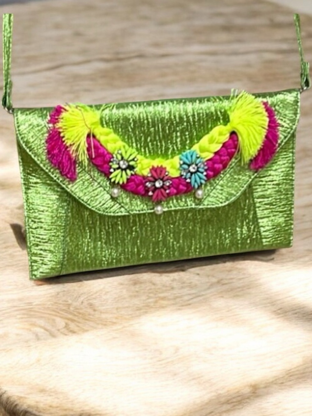 Iris Lane Green and Pink Floral Rhinestone Embellished Women's Clutch Bag